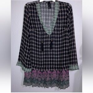 Bisou Bisou Boho Chic Sheer Geometric Floral Dress Bell Sleeves Tassels Sz M